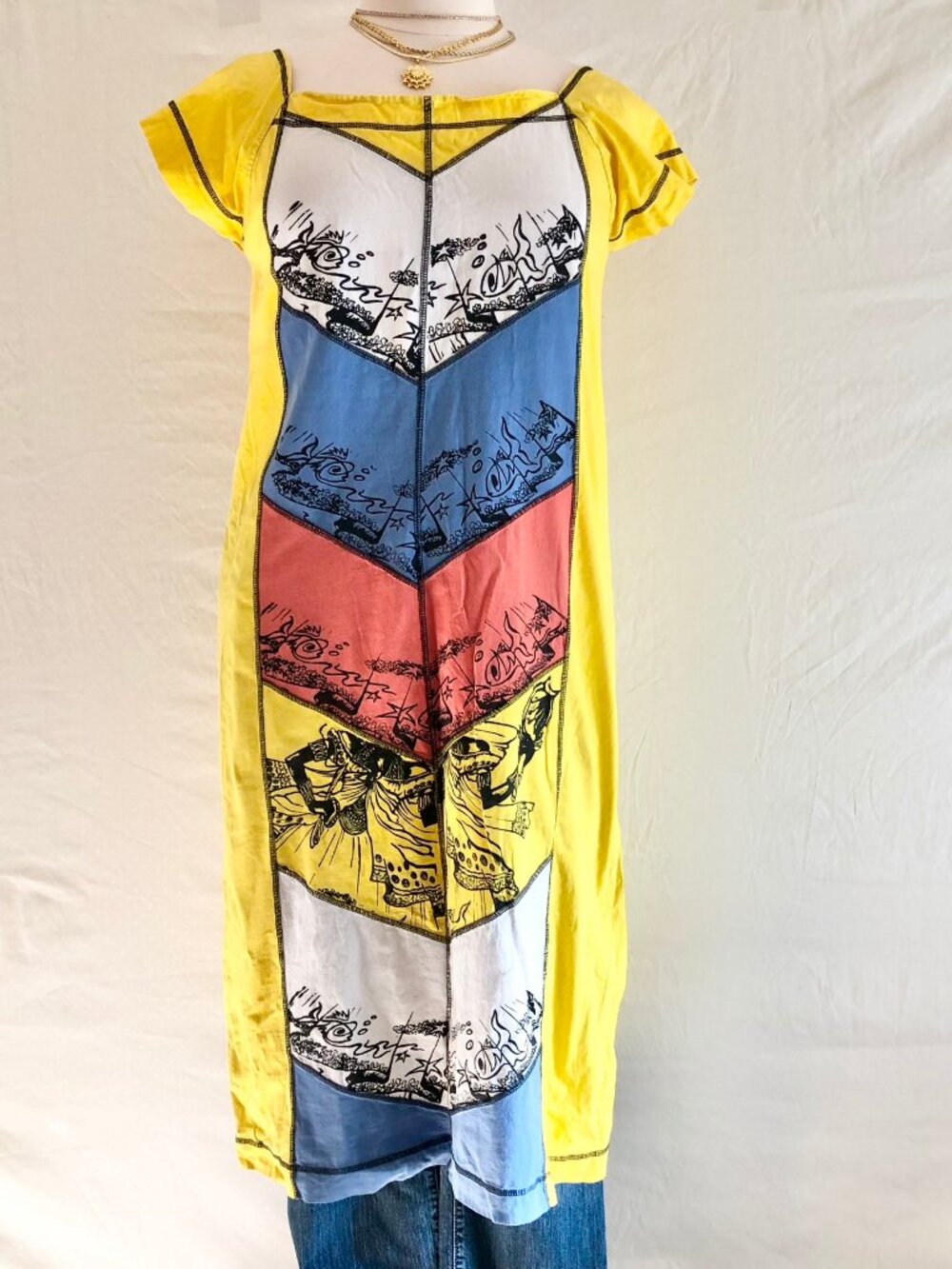 Yellow Cotton MuuMuu House Dress Chevron Stripe OS